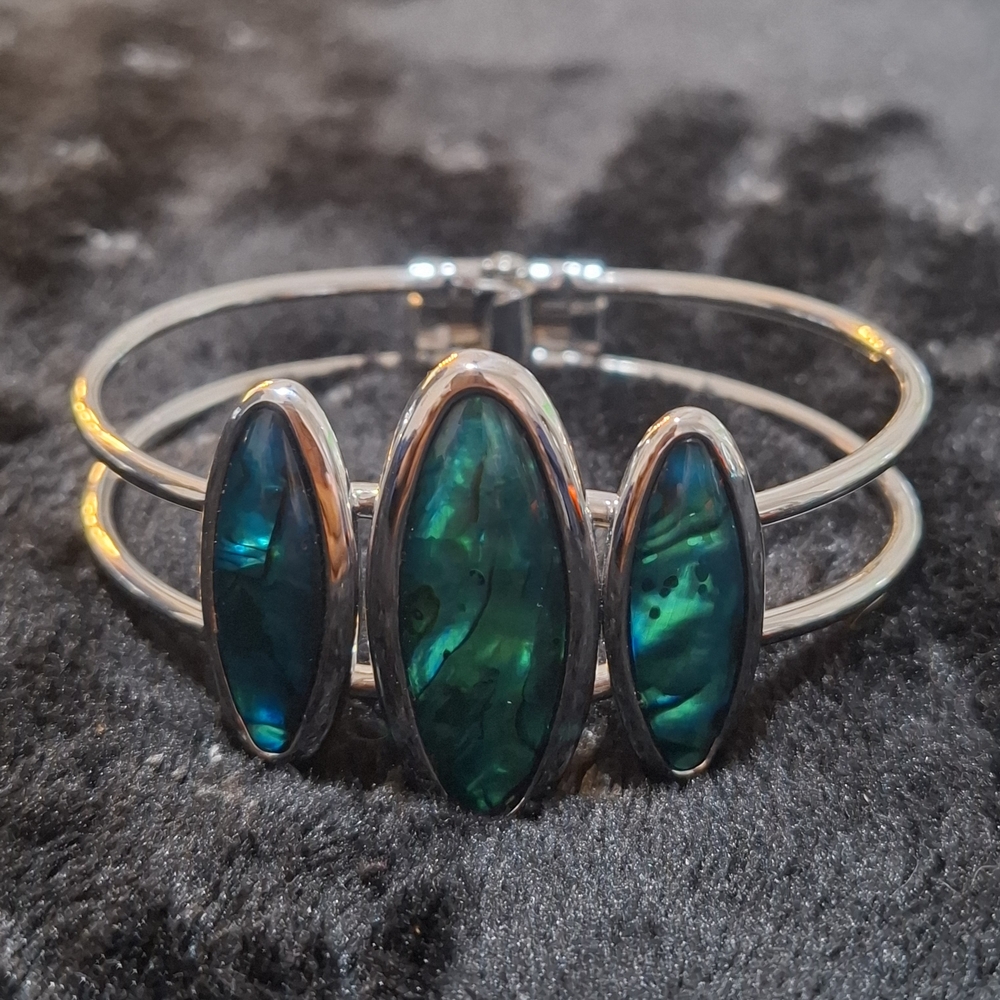 🐚Abalone Puau Shell Blue Green Mother Of Pearl Silver Hinge Cuff Bracelet - Picture 2 of 10